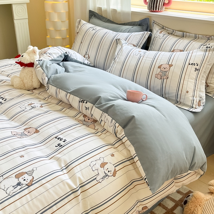 91家纺网 家纺一手货源 找家纺 涵宸家纺 2024新款加厚全棉磨毛印花四件套--罗马系列 A趣味小狗