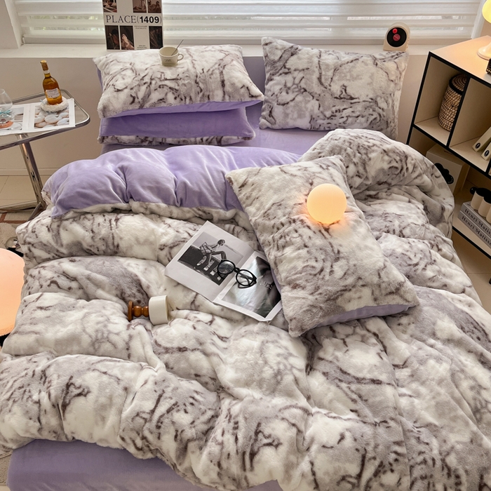 91家纺网 家纺一手货源 找家纺 金爱家 2024新款立体牛奶绒兔毛绒印花四件套 兔毛印花-大理石灰咖