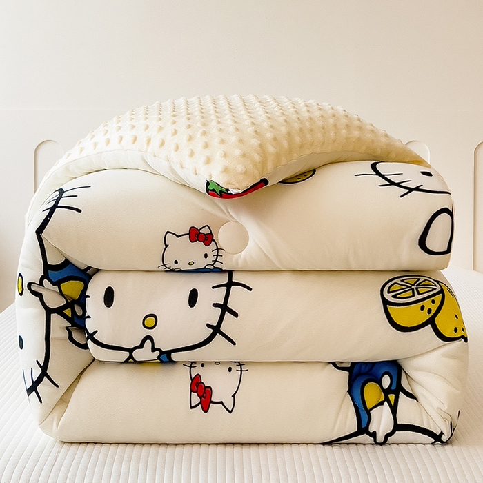 91家纺网 家纺一手货源 找家纺 米菲 2024新款卡通针织棉豆豆绒大豆冬被 可爱Kitty猫