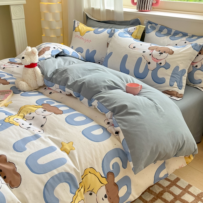 91家纺网 家纺一手货源 找家纺 涵宸家纺 2024新款加厚全棉磨毛印花四件套--罗马系列 A字母小狗