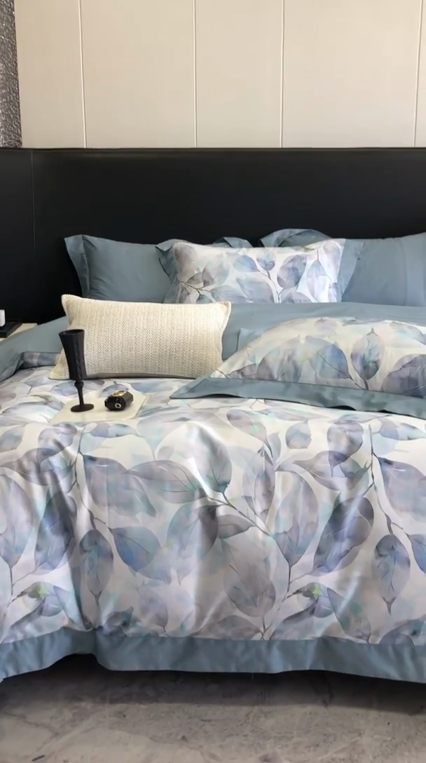 91家纺网 家纺一手货源 找家纺 金麦家纺 2024新款全棉数码印花四件套系列 蓝汐