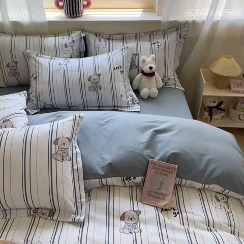 91家纺网 家纺一手货源 找家纺 涵宸家纺 2024新款加厚全棉磨毛印花四件套--罗马系列 A趣味小狗