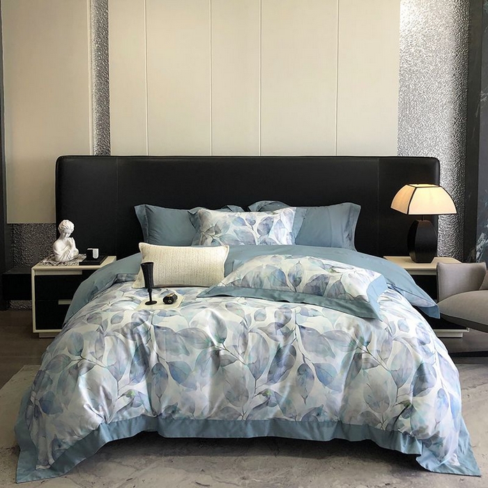 91家纺网 家纺一手货源 找家纺 金麦家纺 2024新款全棉数码印花四件套系列 蓝汐