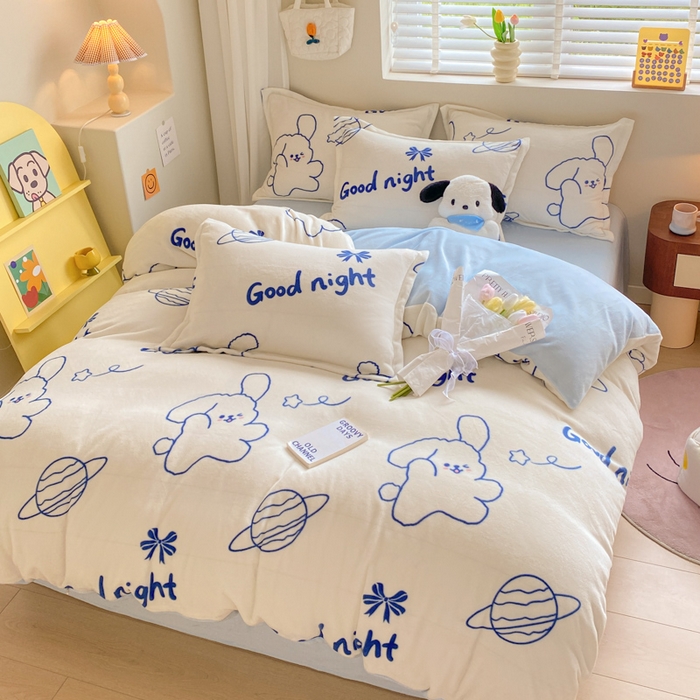 91家纺网 家纺一手货源 找家纺 沐慕 2024新款200g加厚牛奶绒四件套 星球狗