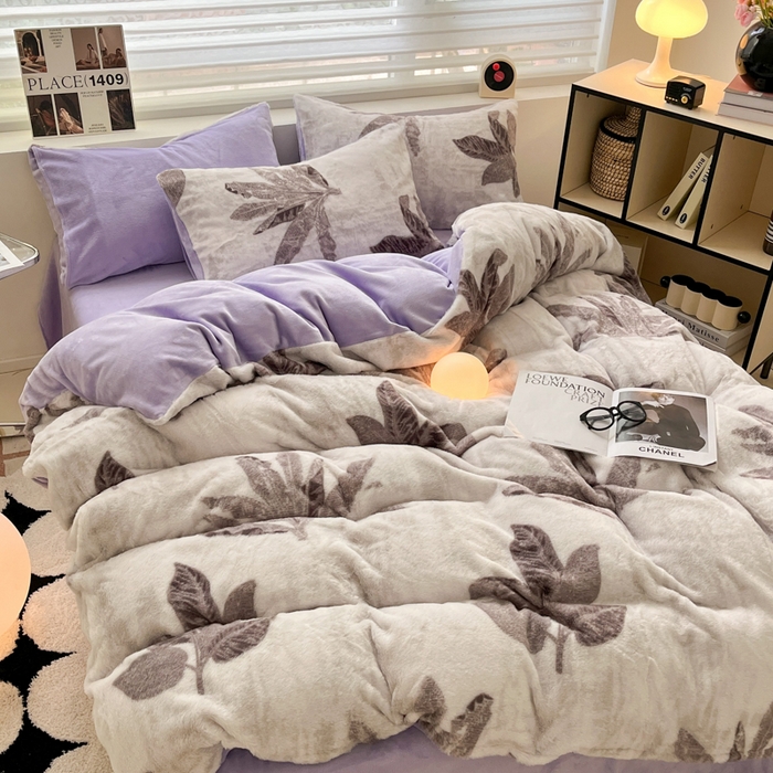 91家纺网 家纺一手货源 找家纺 金爱家 2024新款立体牛奶绒兔毛绒印花四件套 兔毛印花-树叶