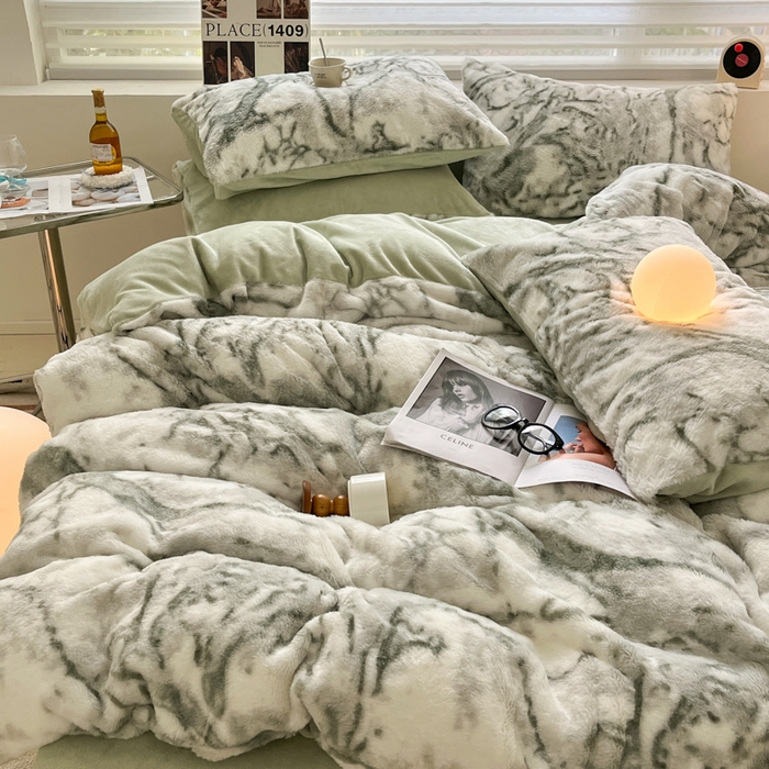 91家纺网 家纺一手货源 找家纺 金爱家 2024新款立体牛奶绒兔毛绒印花四件套 兔毛印花-大理石绿