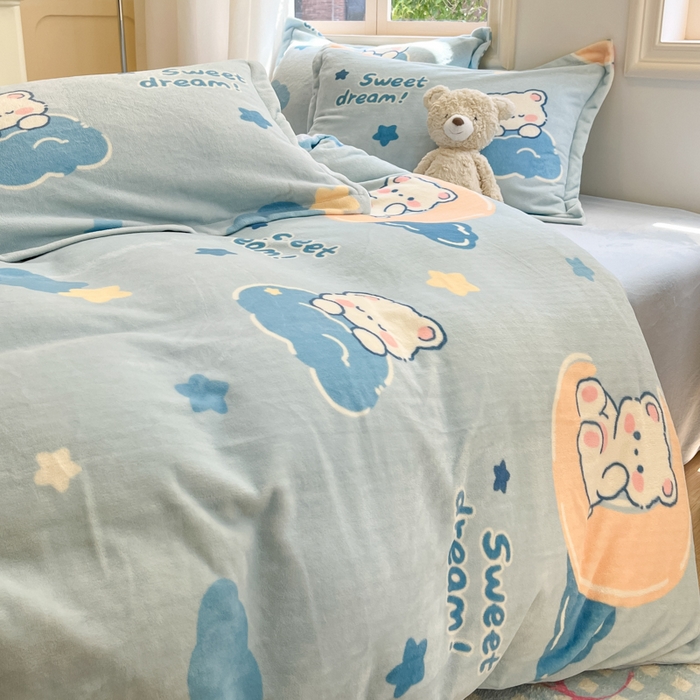 91家纺网 家纺一手货源 找家纺 沐慕 2024新款200g加厚牛奶绒四件套 晚安熊