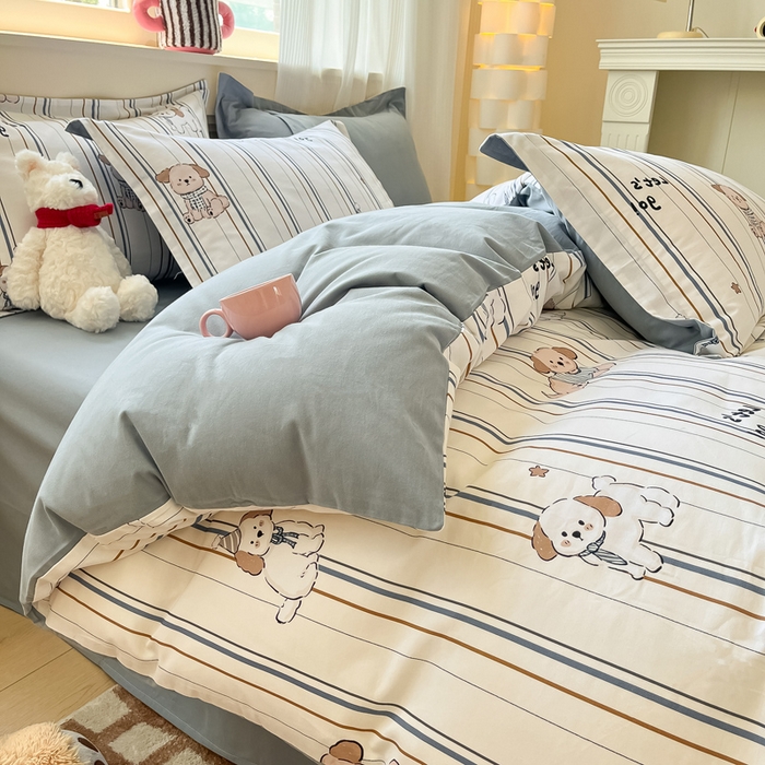 91家纺网 家纺一手货源 找家纺 涵宸家纺 2024新款加厚全棉磨毛印花四件套--罗马系列 A趣味小狗