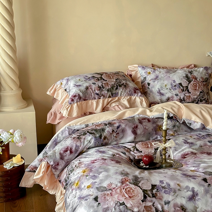 91家纺网 家纺一手货源 找家纺 窝米 2024新款100支数码长绒棉花边工艺款四件套-璐菲 璐菲-雪灰