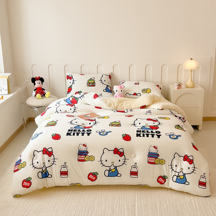 91家纺网 家纺一手货源 找家纺 米菲 2024新款卡通针织棉豆豆绒大豆冬被 可爱Kitty猫