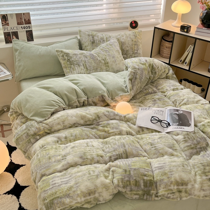 91家纺网 家纺一手货源 找家纺 金爱家 2024新款立体牛奶绒兔毛绒印花四件套 兔毛印花-纹理绿