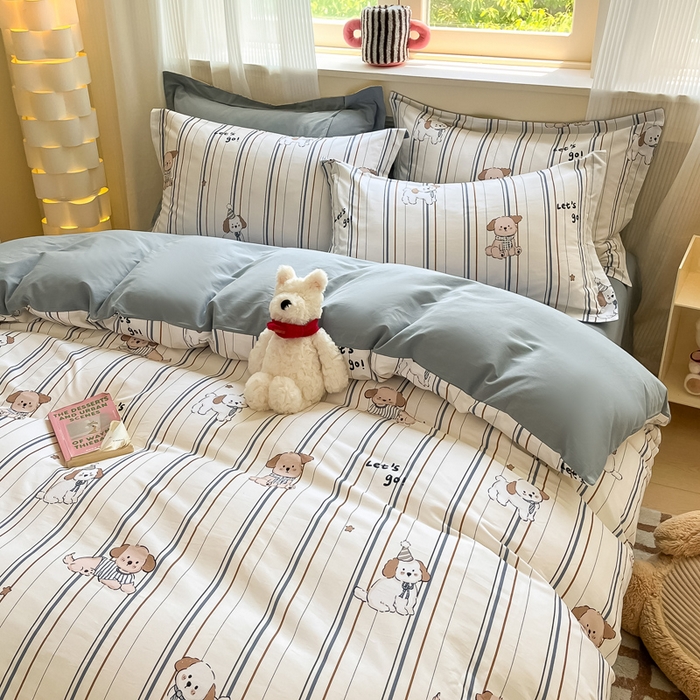 91家纺网 家纺一手货源 找家纺 涵宸家纺 2024新款加厚全棉磨毛印花四件套--罗马系列 A趣味小狗