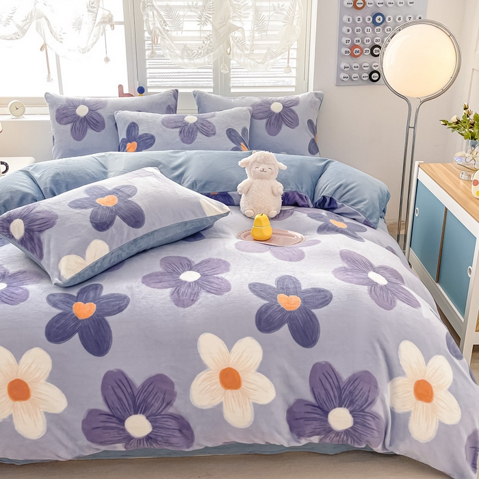 91家纺网 家纺一手货源 找家纺 梵克保罗 2024秋冬印花卡通轻奢纯色牛奶绒单品四件套 浪漫花语