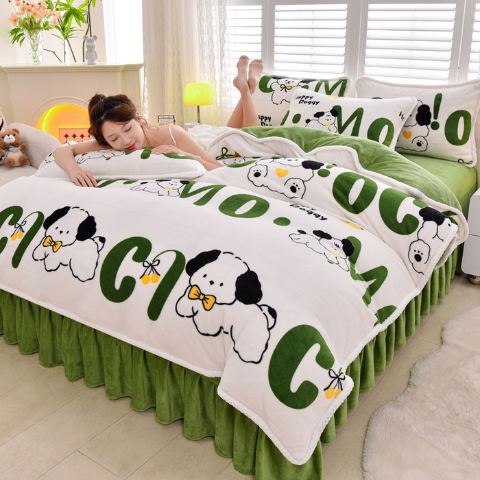 91家纺网 家纺一手货源 找家纺 梦莱情 2024新款190克7斤半牛奶绒四件套嗨皮狗