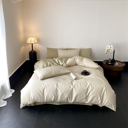 91家纺网 家纺一手货源 找家纺 玉宇阁家居 2024秋冬新款100S超柔磨毛拼色系列四件套 薄雾绿野