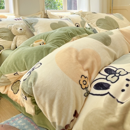 沐慕 2024新款200g加厚牛奶绒四件套 绿色爱心兔