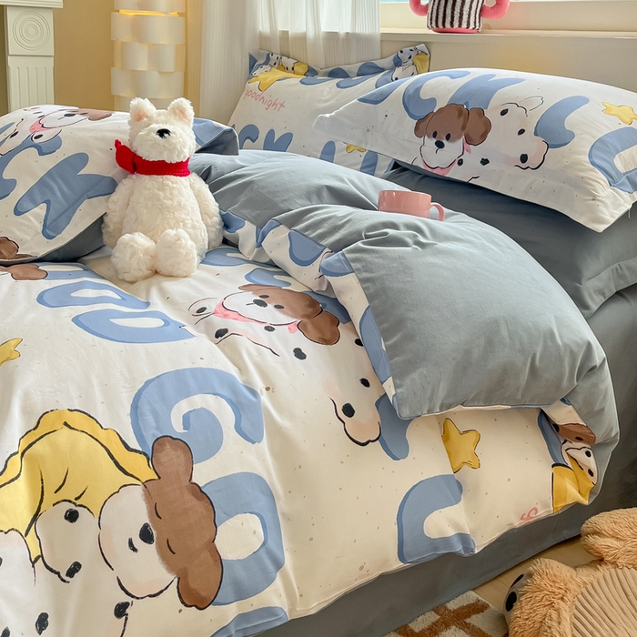 91家纺网 家纺一手货源 找家纺 涵宸家纺 2024新款加厚全棉磨毛印花四件套--罗马系列 A字母小狗