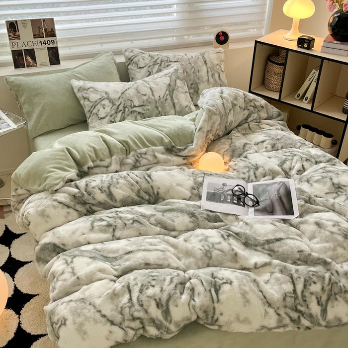 91家纺网 家纺一手货源 找家纺 金爱家 2024新款立体牛奶绒兔毛绒印花四件套 兔毛印花-大理石绿