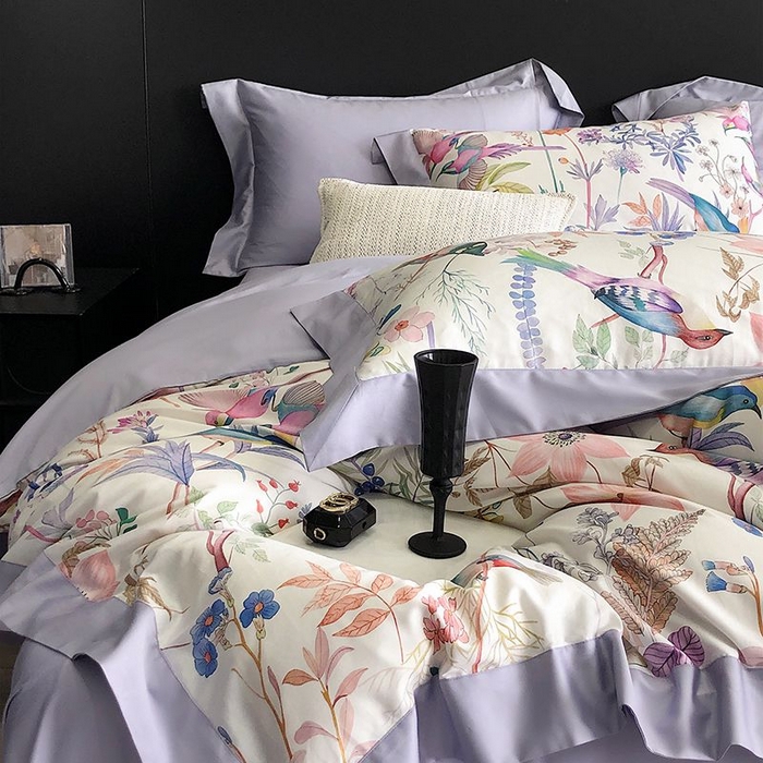 91家纺网 家纺一手货源 找家纺 金麦家纺 2024新款全棉数码印花四件套系列 鸟语花香