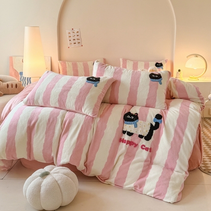 耀达家居 2024新款ins多巴胺毛巾绣牛奶绒四件套 喵星人-条纹少女粉