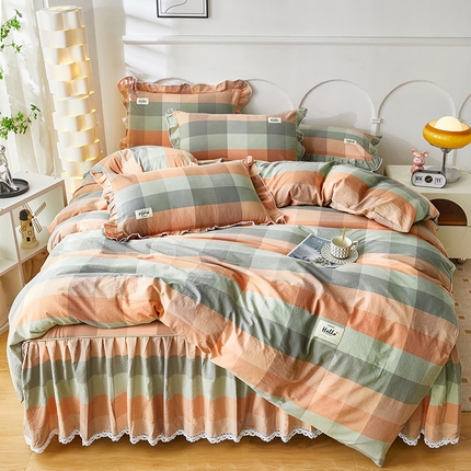 91家纺网 家纺一手货源 找家纺 缦彩 2024新款全棉纯棉夹棉床笠式床裙四件套 奇兰-灰