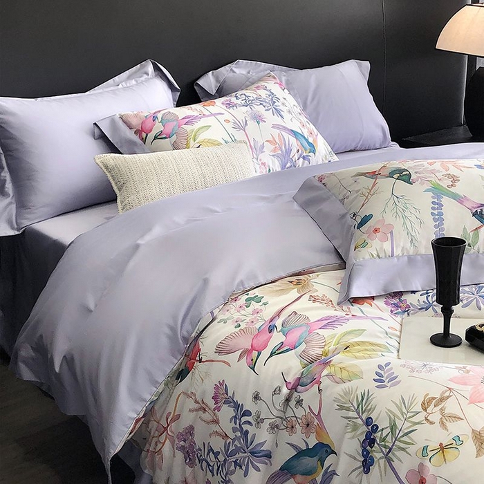 91家纺网 家纺一手货源 找家纺 金麦家纺 2024新款全棉数码印花四件套系列 鸟语花香