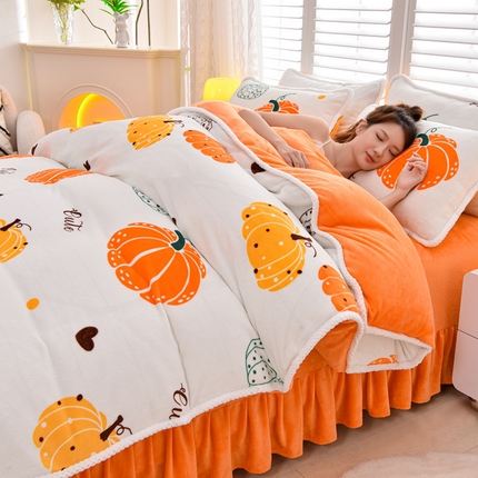 91家纺网 家纺一手货源 找家纺 梦莱情 2024新款190克7斤半牛奶绒四件套爱心南瓜