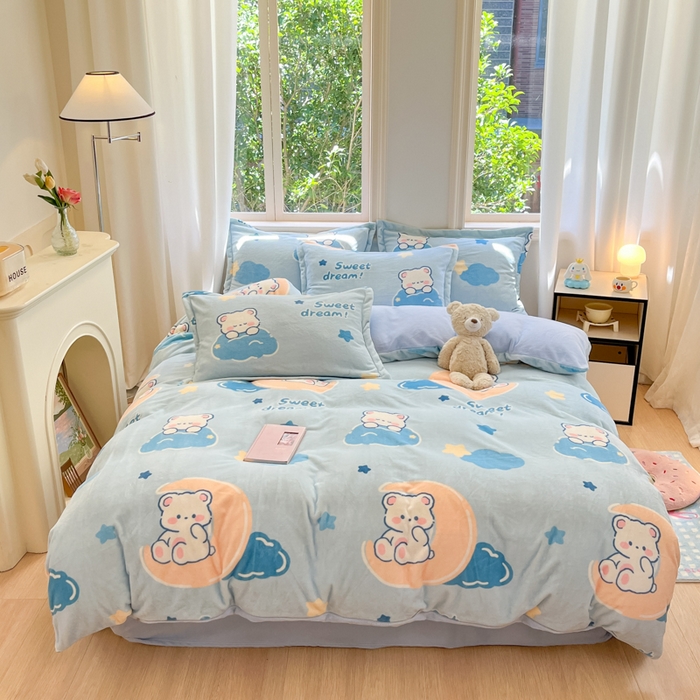 91家纺网 家纺一手货源 找家纺 沐慕 2024新款200g加厚牛奶绒四件套 晚安熊