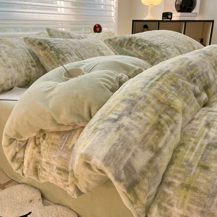 91家纺网 家纺一手货源 找家纺 金爱家 2024新款立体牛奶绒兔毛绒印花四件套 兔毛印花-纹理绿