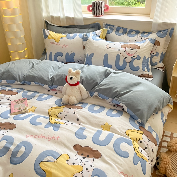 91家纺网 家纺一手货源 找家纺 涵宸家纺 2024新款加厚全棉磨毛印花四件套--罗马系列 A字母小狗