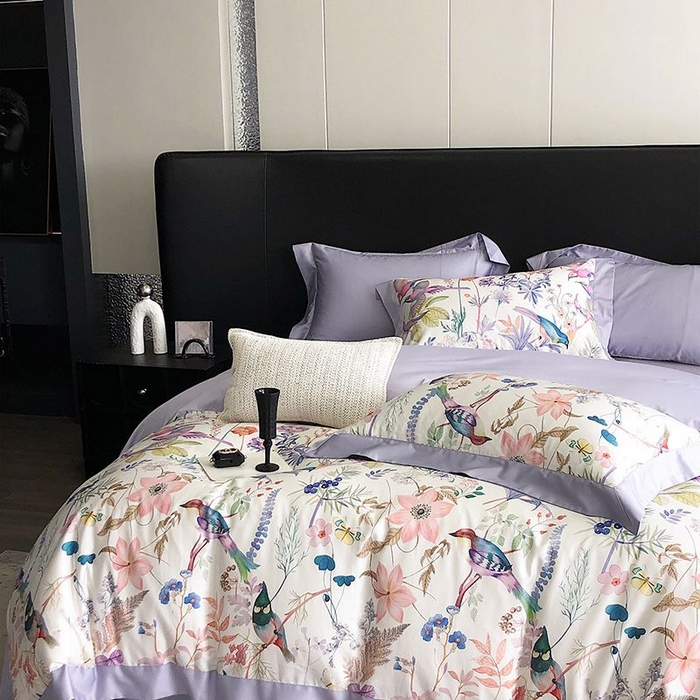 91家纺网 家纺一手货源 找家纺 金麦家纺 2024新款全棉数码印花四件套系列 鸟语花香