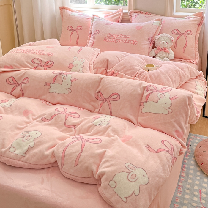 91家纺网 家纺一手货源 找家纺 沐慕 2024新款200g加厚牛奶绒四件套 仙仙兔