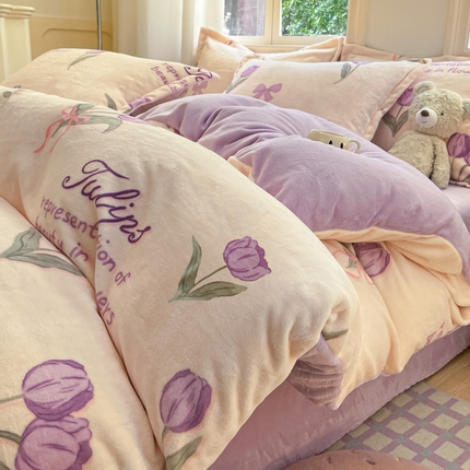 沐慕 2024新款200g加厚牛奶绒四件套 紫色郁金香