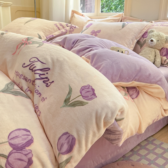 91家纺网 家纺一手货源 找家纺 沐慕 2024新款200g加厚牛奶绒四件套 紫色郁金香