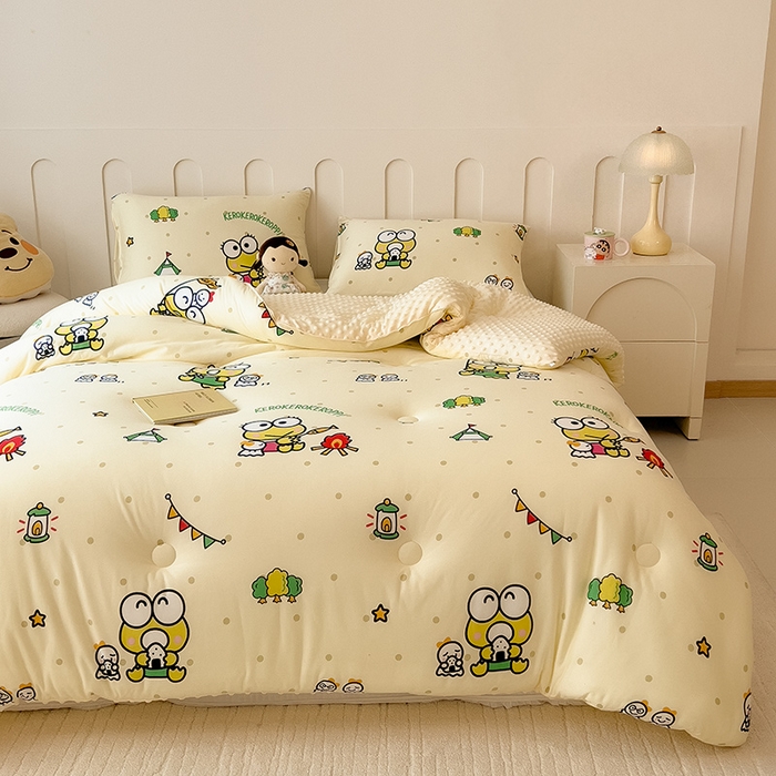 91家纺网 家纺一手货源 找家纺 米菲 2024新款卡通针织棉豆豆绒大豆冬被 大眼娃