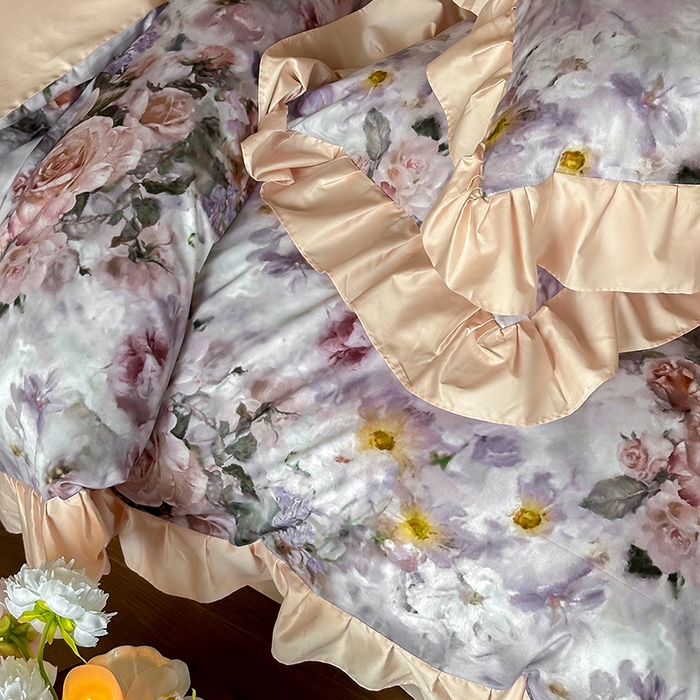 91家纺网 家纺一手货源 找家纺 窝米 2024新款100支数码长绒棉花边工艺款四件套-璐菲 璐菲-雪灰