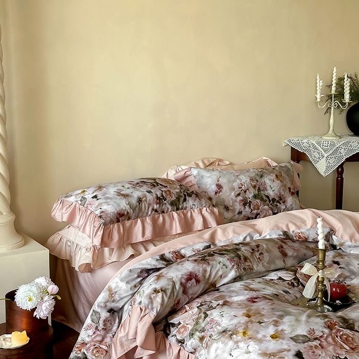 91家纺网 家纺一手货源 找家纺 窝米 2024新款100支数码长绒棉花边工艺款四件套-璐菲 璐菲-古巴纱色