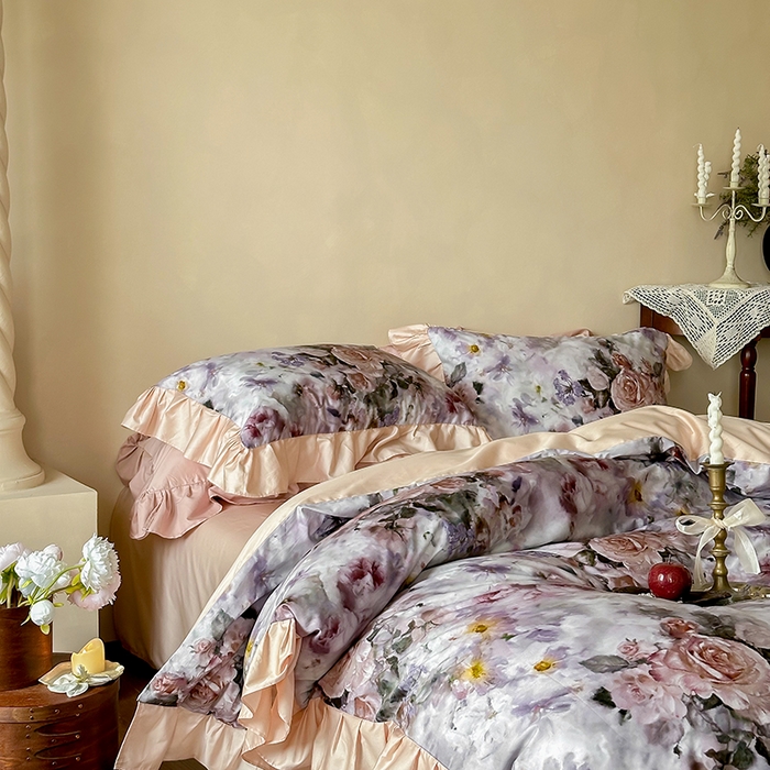 91家纺网 家纺一手货源 找家纺 窝米 2024新款100支数码长绒棉花边工艺款四件套-璐菲 璐菲-雪灰