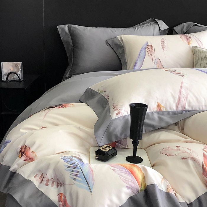 91家纺网 家纺一手货源 找家纺 金麦家纺 2024新款全棉数码印花四件套系列 羽叶