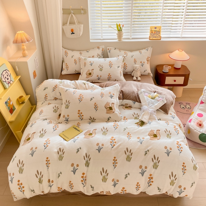 91家纺网 家纺一手货源 找家纺 沐慕 2024新款200g加厚牛奶绒四件套 田园松鼠