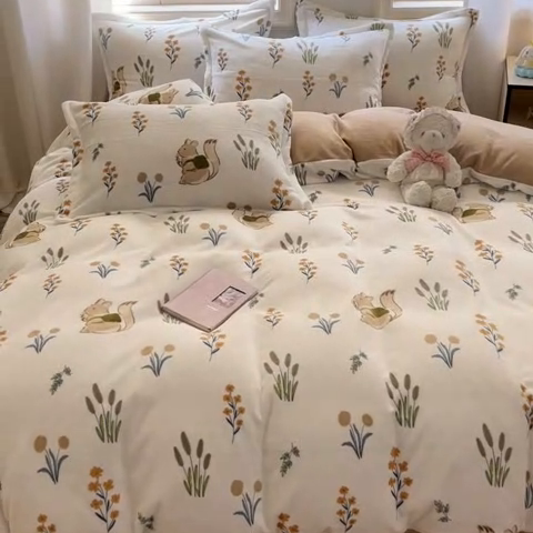 91家纺网 家纺一手货源 找家纺 沐慕 2024新款200g加厚牛奶绒四件套 田园松鼠