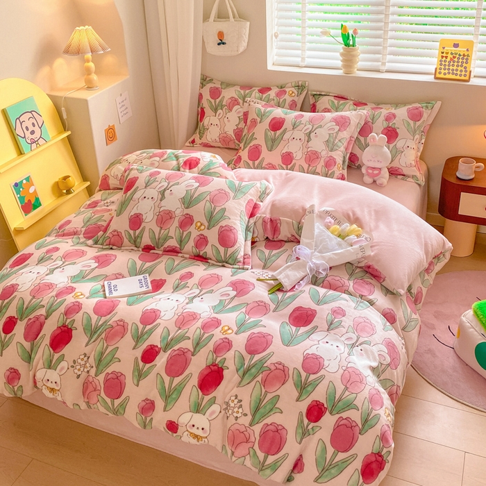 91家纺网 家纺一手货源 找家纺 沐慕 2024新款200g加厚牛奶绒四件套 莫奈花园