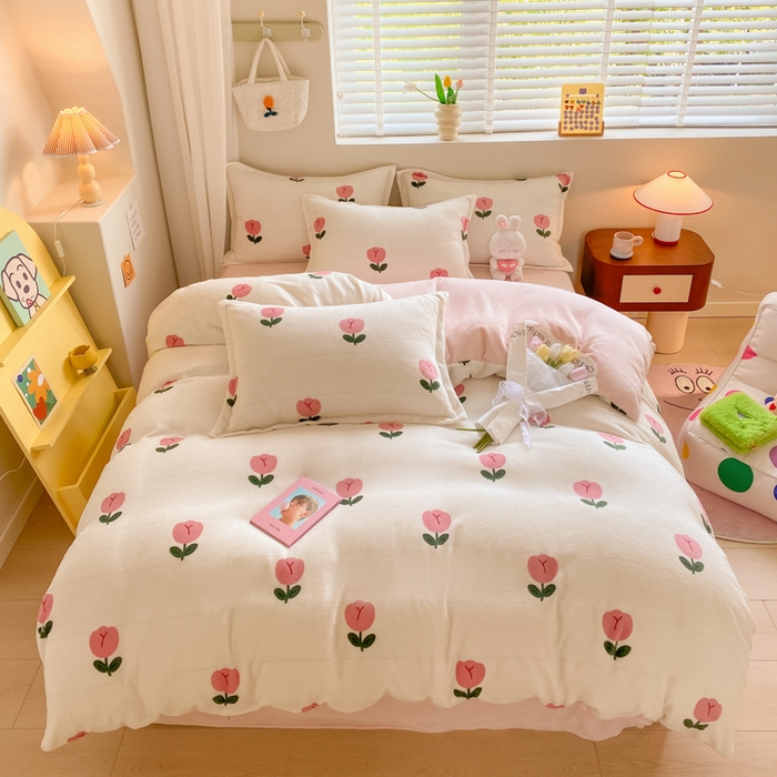 91家纺网 家纺一手货源 找家纺 沐慕 2024新款200g加厚牛奶绒四件套 郁金香