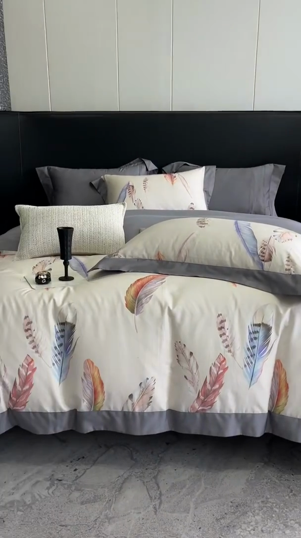 91家纺网 家纺一手货源 找家纺 金麦家纺 2024新款全棉数码印花四件套系列 羽叶