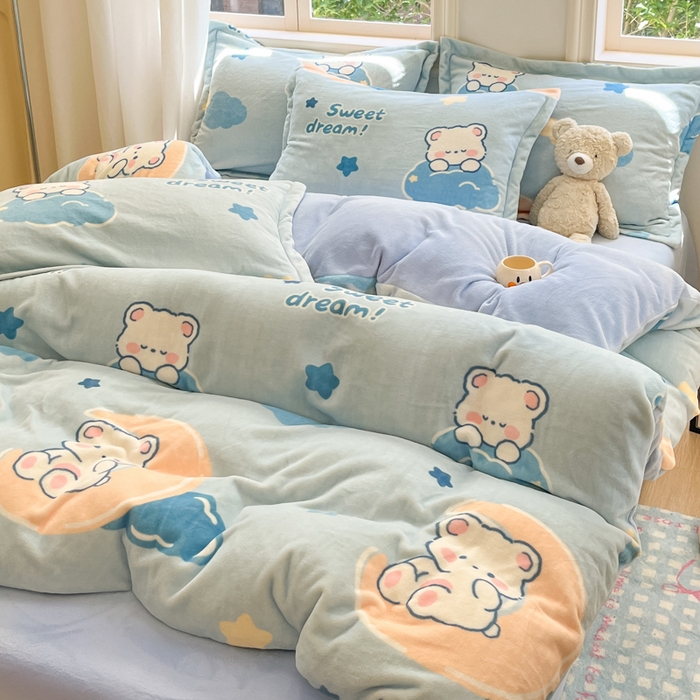 91家纺网 家纺一手货源 找家纺 沐慕 2024新款200g加厚牛奶绒四件套 晚安熊