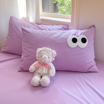 桃子 2024新款ins纯棉色织水洗毛巾绣大眼仔单枕套 色织水洗棉-大眼仔紫