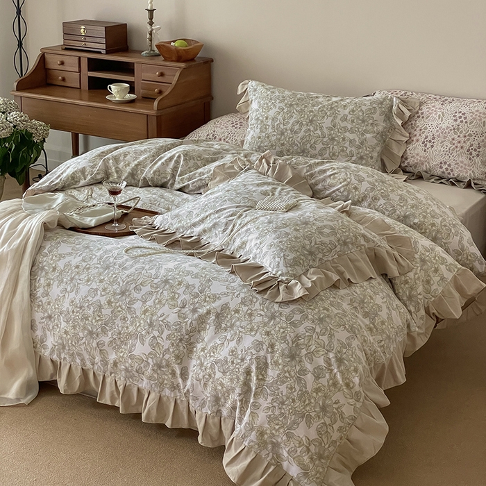 91家纺网 家纺一手货源 找家纺 窝米 2024新款全棉磨毛花边工艺款四件套 轻轻丝语驼