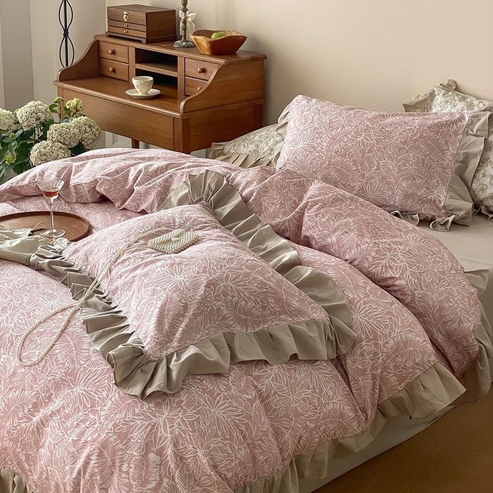 91家纺网 家纺一手货源 找家纺 窝米 2024新款全棉磨毛花边工艺款四件套 费洛蒙粉