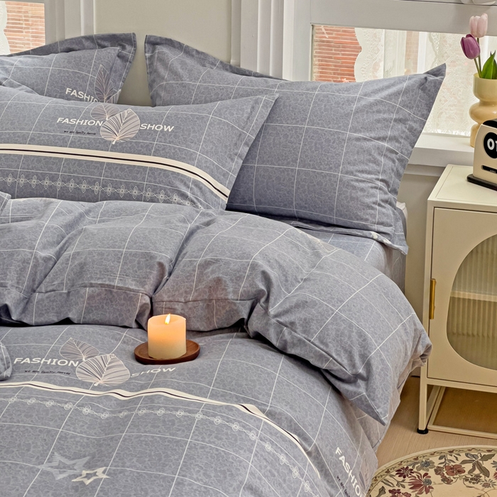 91家纺网 家纺一手货源 找家纺 品乐家纺 2024新款全棉生态棉印花磨毛四件套 叶语漫漫-灰