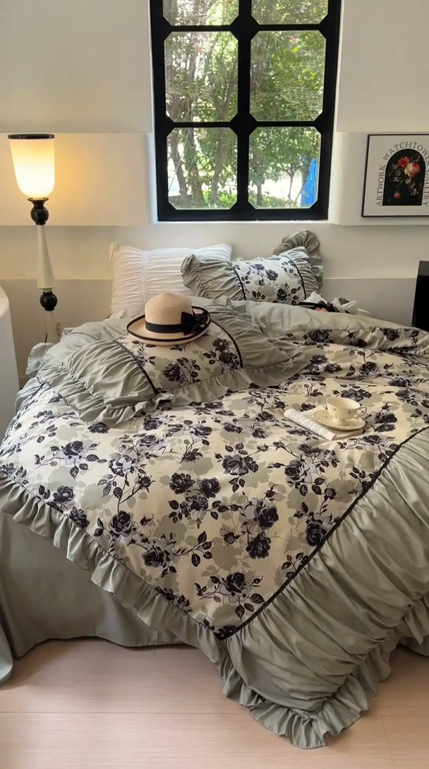 91家纺网 家纺一手货源 找家纺 春光里 2024新款法式大花边亲肤磨毛四件套 庄园风华（绿）